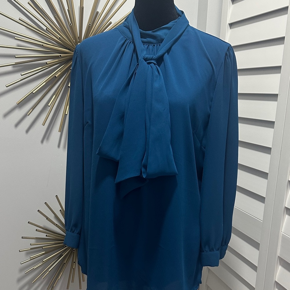 Tie-Neck Long Sleeve Blouse in Teal
